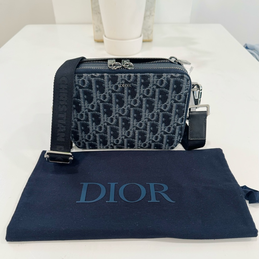 DIOR Pouch with Strap Black and blue Dior Oblique jacquard Crossbody bag